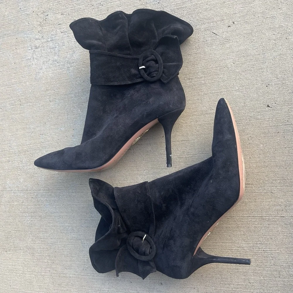 Aquazurra Palace Ruffle Booties 39.5 US 9:5 Black Suede Stiletto Italy $1295